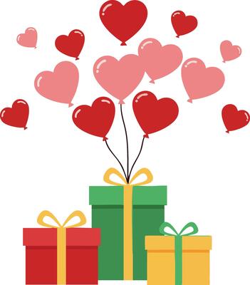 Heart shaped balloons rising from colorful gift boxes for romantic celebration or special occasion design