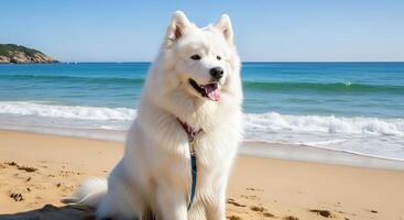 A white dog sitting on the beach with a leash photo