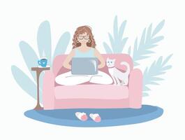 Work from home. Woman with laptop vector