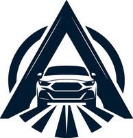 Car logo with a triangle shape and a car vector