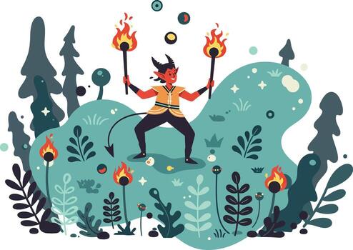 Fire dancer performing with flaming torches in forest clearing surrounded by trees and plants illustration vector