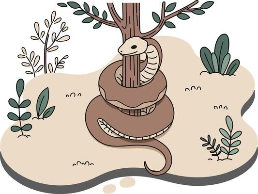 Brown snake coiled around tree trunk in natural environment with plants and bushes illustration