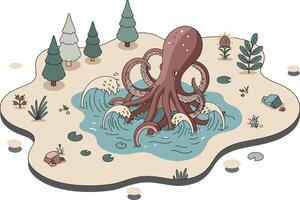 Octopus in small pond surrounded by trees and plants illustration in natural environment vector