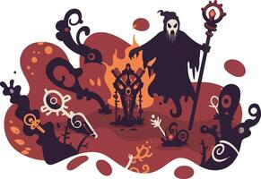 Dark wizard casting spells with mystical symbols and glowing staff in fantasy illustration vector