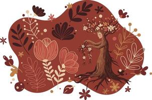 Abstract autumn tree and flowers illustration with brown and beige colors nature design elements vector