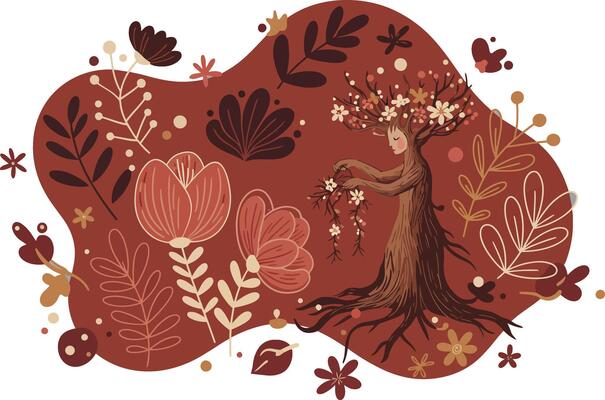 Abstract autumn tree and flowers illustration with brown and beige colors nature design elements