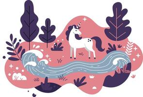 White horse standing near flowing river in stylized nature scene with purple trees and pink background illustration vector