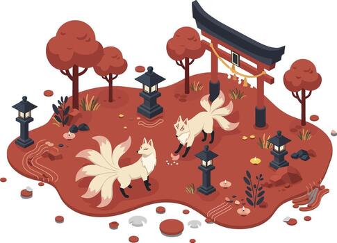 Japanese garden with torii gate and two white foxes surrounded by red autumn trees and lanterns illustration vector