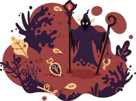 Dark wizard casting magic spell with staff in mystical forest environment illustration vector