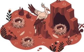 Bird nesting on rocky terrain with brown nests and surrounding plants in illustration vector