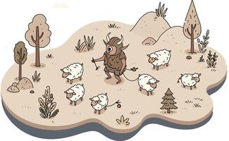illustration of wild boar and sheep grazing in autumn forest landscape with brown and beige colors in isometric style vector