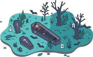 Coffin with person inside in spooky graveyard with bats trees and tombstones illustration vector