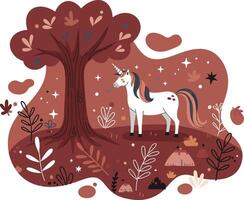 Unicorn standing by tree in magical enchanted forest with earthy autumn colors illustration vector