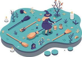 Witch Preparing Magical Potion with Brooms and Candles in Isometric Style Illustration vector