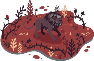 Wild lion resting in dry autumn landscape surrounded by sparse plants and thorns illustration vector