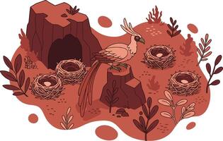 Desert animal habitat with burrows and nests surrounded by dry plants and rocks illustration vector