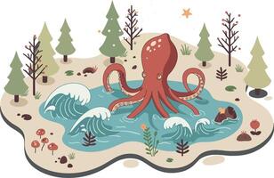 Giant octopus in forest pond with waves and pine trees illustration in nature environment scene vector