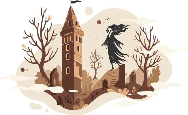 Haunted gothic tower with ghost figure and barren trees spooky Halloween scene illustration