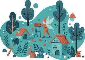 Fairy gardening scene with miniature houses trees and garden tools in whimsical style vector
