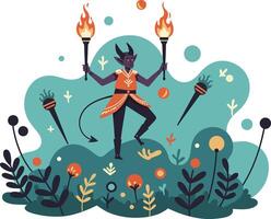 Tribal dancer with flaming torches performing ritual in nature with plants and flowers illustration vector