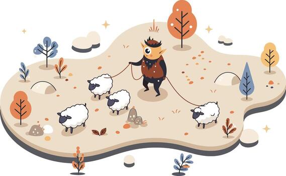 Shepherd with sheep on autumn landscape with colorful trees and gentle hills illustration vector