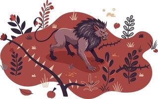 Wild lion walking through red autumn forest with plants and leaves illustration vector