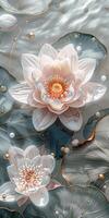 A painting of two white lotus flowers floating in water photo