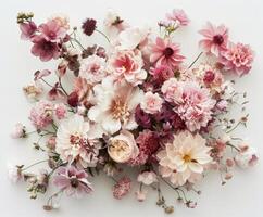 A bunch of pink and white flowers on a white surface photo