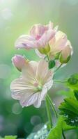 Pink flowers with water droplets on them in a green background photo