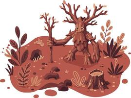 Tree creature with wooden staff in autumn forest scene natural fantasy character illustration vector