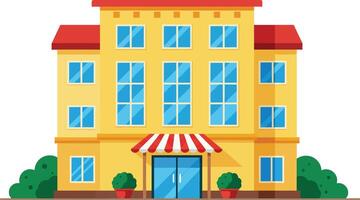 Yellow commercial building with red roof and striped awning illustration for business and architecture concepts vector