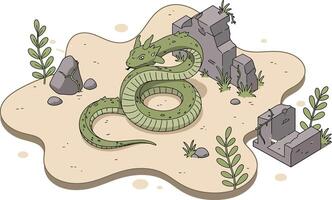 Ancient green snake coiled on desert sand near old stone ruins and sparse vegetation illustration vector