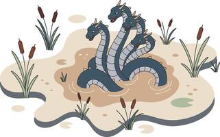Three-headed hydra mythical creature in swampy environment with reeds and mud illustration vector