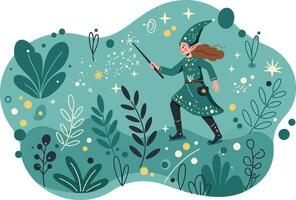 Young female witch casting magic wand spell in enchanted forest illustration with green tones vector