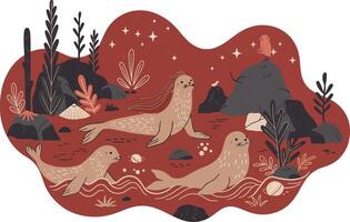Sea otters resting and playing in stylized natural habitat with red background and aquatic plants illustration vector