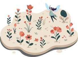 Small fairy flying over colorful flower garden with red and pink blossoms natural nature illustration vector