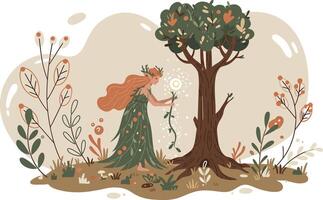 Woman harvesting fruit from tree in natural forest environment with plants and flowers illustration vector