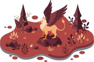 Mythical griffin creature with wings standing on rock in fantasy forest environment illustration vector