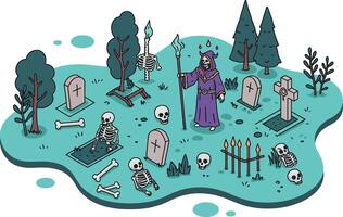Grim Reaper in spooky cemetery with skeletons and tombstones Halloween illustration vector