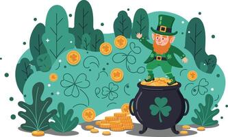 Leprechaun with pot of gold coins and shamrocks in green forest St Patricks Day illustration vector