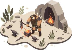 Viking blacksmith forging sword near stone fireplace with glowing fire and tools illustration vector