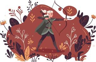 Archer aiming bow in autumn forest surrounded by foliage and plants illustration vector