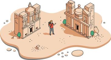 Tourist exploring ancient ruined buildings with desert sand terrain and sparse vegetation illustration vector