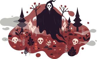 Grim Reaper ghost with skulls and trees in red autumn forest horror scene illustration vector