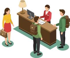 Reception desk with people checking in and standing in line in office or hotel lobby illustration vector