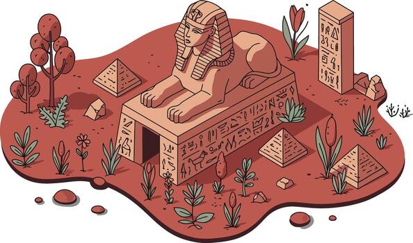 Ancient Egyptian Sphinx and Pyramid Monuments with Desert Plants and Obelisk Illustration vector