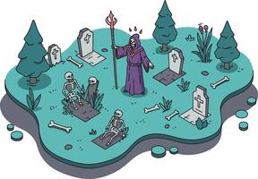 Grim Reaper standing in spooky cemetery with tombstones skeletons bones and pine trees in eerie scene illustration vector