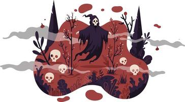 Grim Reaper floating over spooky autumn forest with skulls and dark trees illustration vector