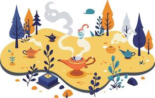Autumn forest campfire scene with steaming tea cup and colorful trees illustration vector