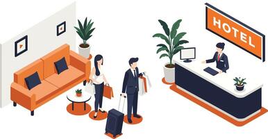 Hotel Reception Desk with Guests Checking In and Relaxing in Lobby Area Illustration vector